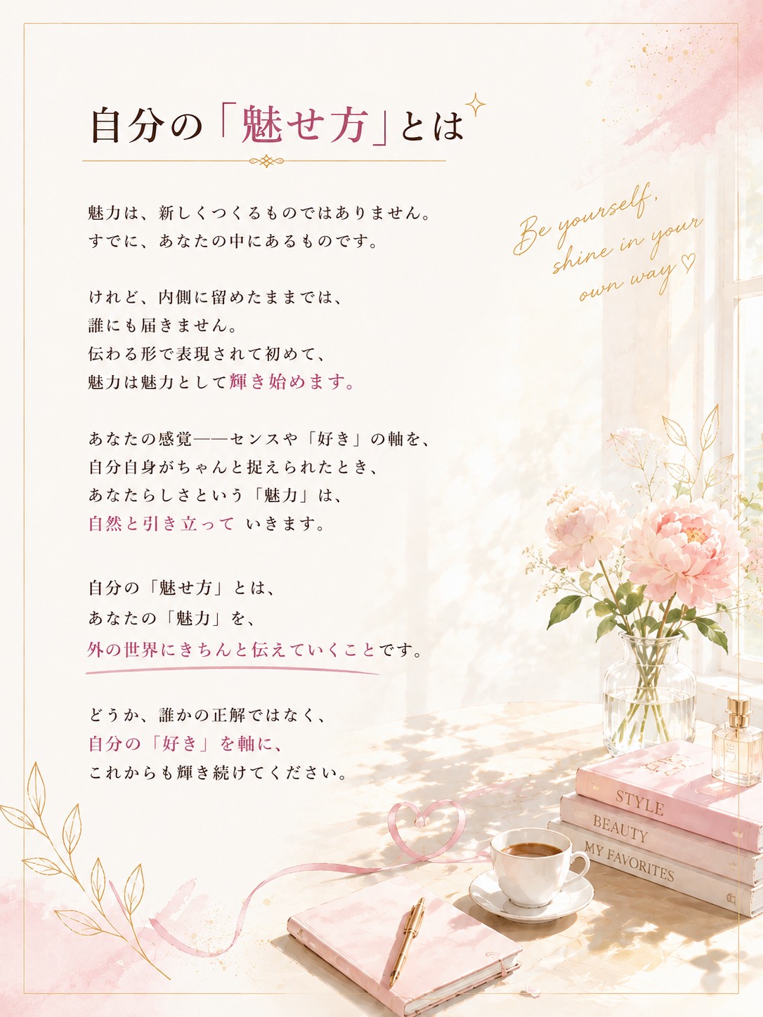自分の「魅せ方」とは 魅力は、新しくつくるものではありません。すでに、あなたの中にあるものです。